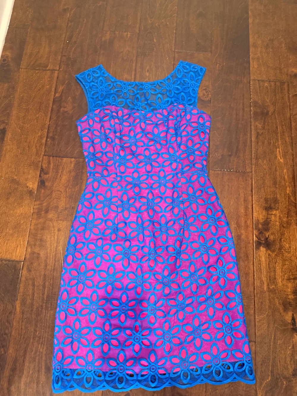 Lilly Pulitzer Fuchsia Dress with Bright Blue Lace Overlay